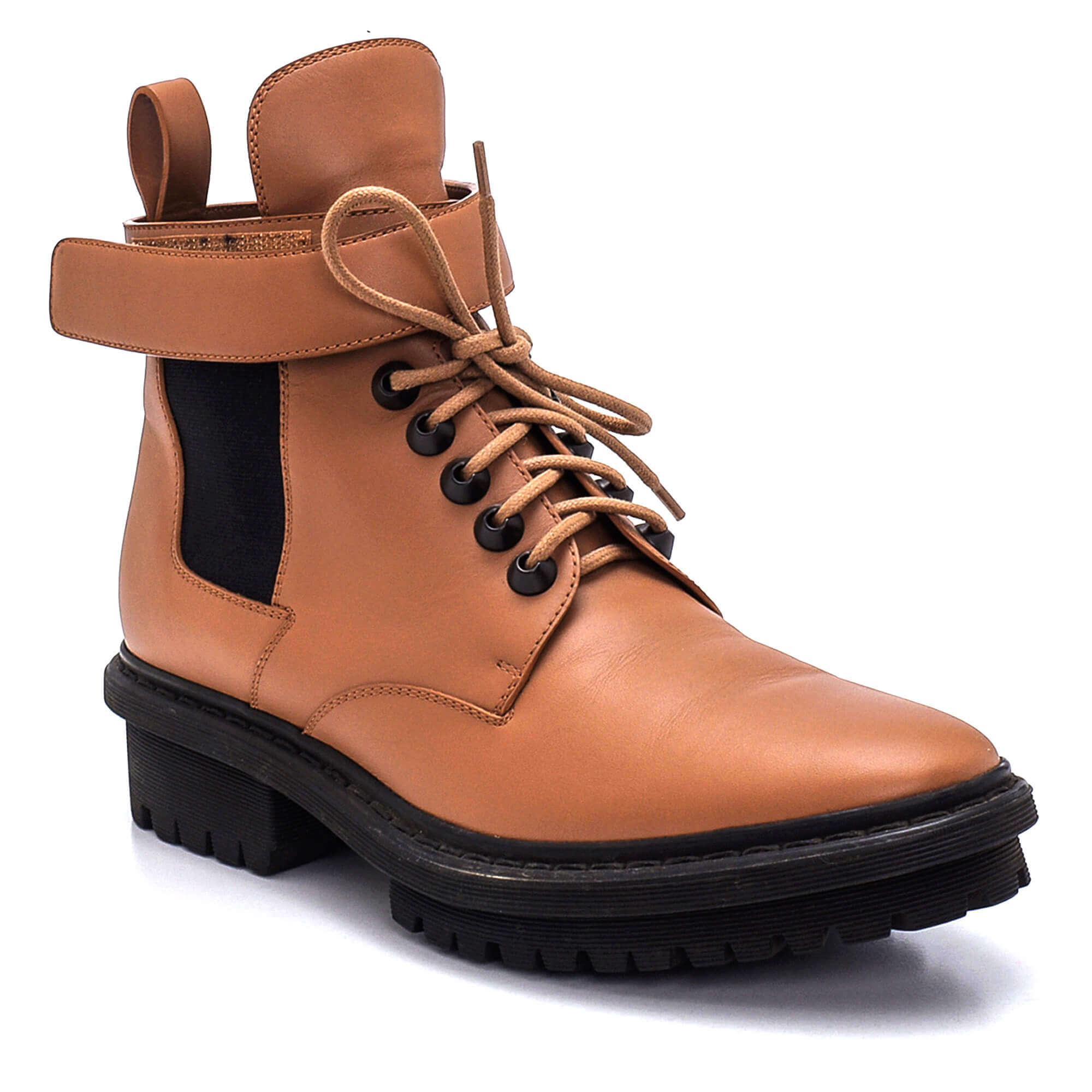 Balenciaga - Dark Beige Leather Elasticated Sides Lace Up Strapped Ankle Boots